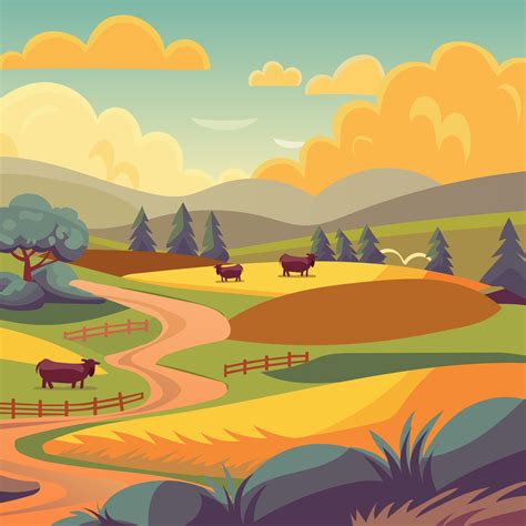 Rural landscape illustration for background. Farmhouse and barns, cows ...