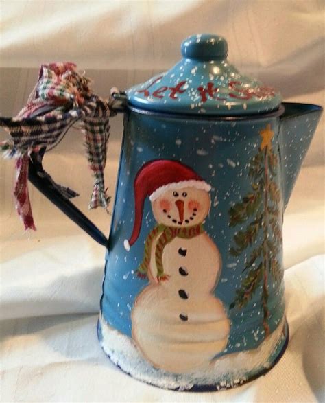 Snowman painted on antique enamelware coffee pot. | Teapot crafts, Christmas tea, Christmas ...