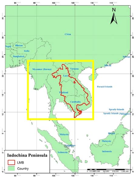 Map showing location of Indochina Peninsula. Yellow box is the specific ...