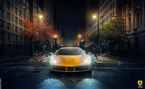 Yellow Ferrari coupe, Ferrari 488 GTB, Horses, 4K HD wallpaper ...