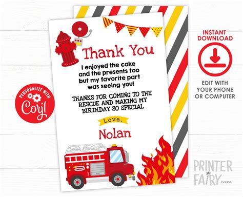 Firefighter Thank You Cards, EDITABLE Fire Fighter Birthday Party, Fireman Thank You Notes ...