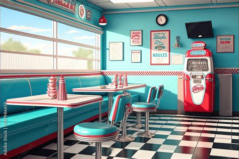 Ilustrace „Retro cafe, american diner interior with tables. AI“ ze služby Stock | Adobe Stock