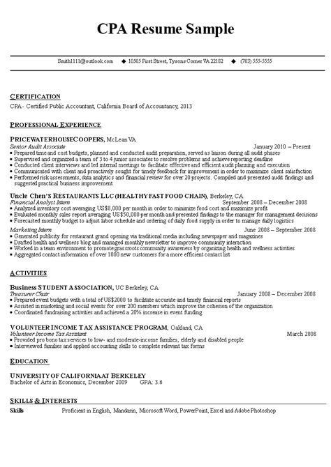 CPA Resume Sample - Professional Accountant | Templates at allbusinesstemplates.com