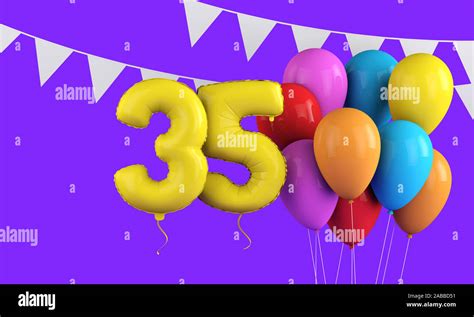 Happy 35th birthday colorful party balloons and bunting. 3D Render ...