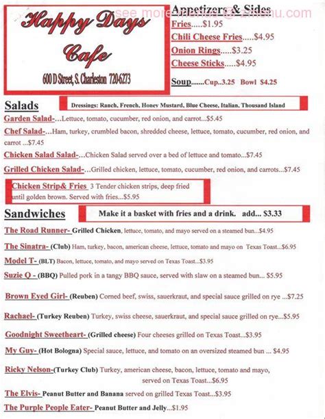 Menu at Happy Days Cafe, South Charleston