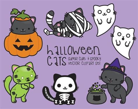 Premium Vector Clipart Kawaii Halloween Cats Cute Halloween Cats Clipart Set High Quality ...