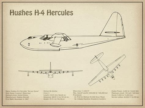 Hughes H-4 Hercules Spruce Goose - Airplane Blueprint. Drawing Plans For The Hughes H-4 Hercules ...