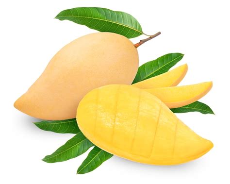 Premium Photo | Yellow mangoes with leaves isolated on white surface