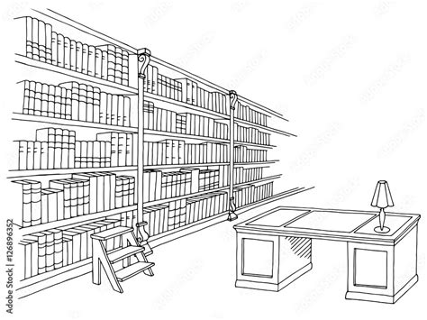 Library room interior black white graphic sketch illustration vector ...