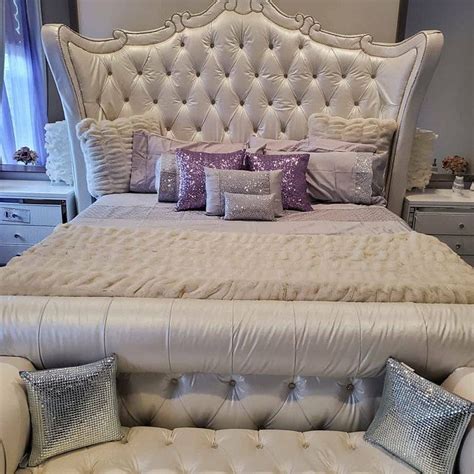 Tufted Tall Headboard Wingback Bed Frame Curvy Velvet Platform Crystal ...