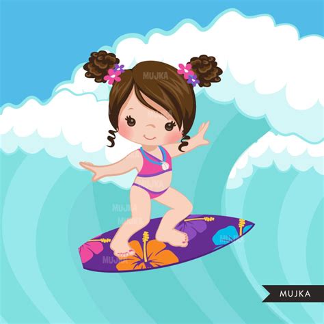 Surfer girls clipart surfing characters black card making | Etsy