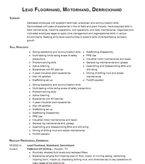 Lead Floorhand Motorhand Derrickhand Resume Example