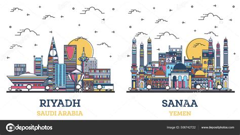 Outline Sanaa Yemen Riyadh Saudi Arabia City Skyline Set Modern Stock Photo by ©booblgum 506742722