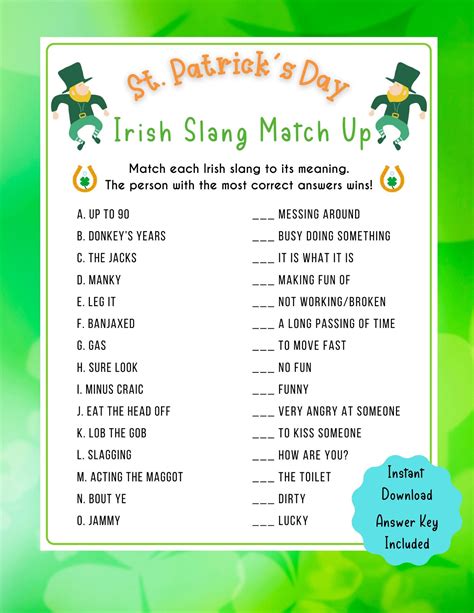 St. Patrick's Day Irish Slang Match up St. Patrick's Printable Game for Kid & Adult St. Patrick ...