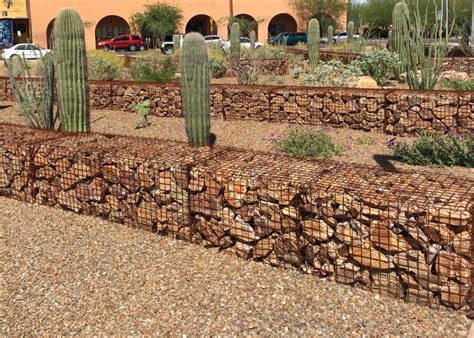 Desert landscape featuring gabion baskets in rows with 4-8 inch ...