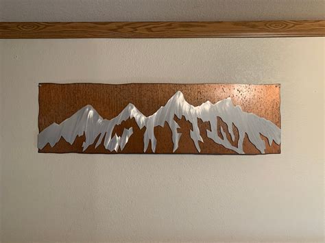 Wyoming Mountain Art. Rustic Metal Wall Art. Grand Tetons National Park. Log Cabin Decor. House ...