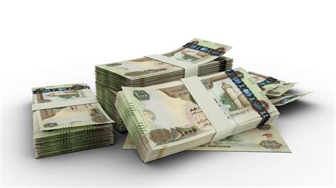 3d rendering of Stack of 1000 United Arab Emirates dirham notes. Few bundles of United Arab ...