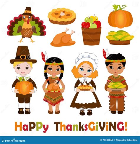 Group of Kids - Indians and Pilgrims - Sharing Food for Thanksgiving Stock Vector - Illustration ...