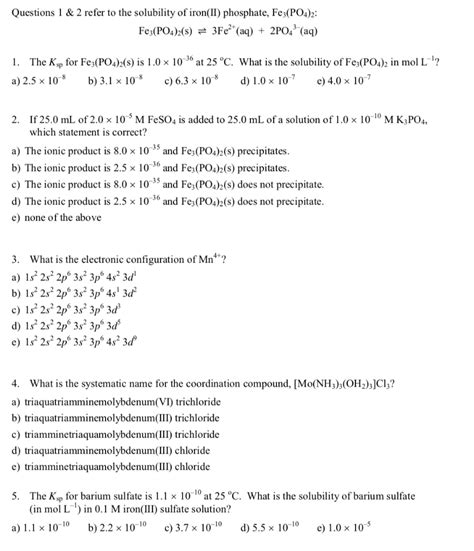 Questions 1 & 2 refer to the solubility of iron(II) | Chegg.com