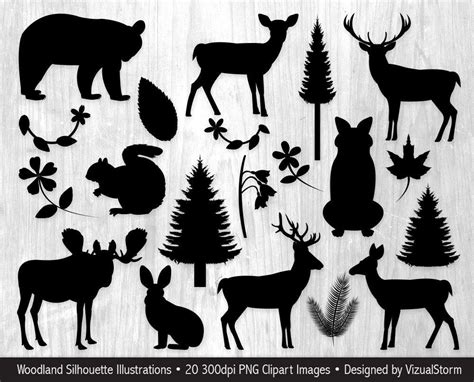 Woodland Silhouettes Clipart Forest Animal Silhouette Clip Art Graphics Flowers Leaves Plants ...