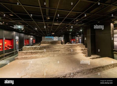 Mexico City, Mexico June 5 2022 Sinking Calmecac pyramid under building ...