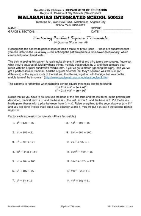 Factoring Perfect Square Trinomials Worksheet