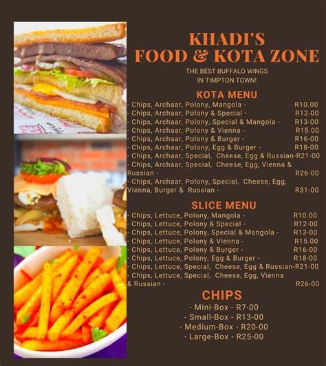 Menu at Khadi's Kota And Food Zone restaurant, Midrand