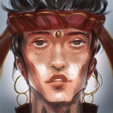 a drawing of a man with long hair wearing a red head band and gold hoop earrings