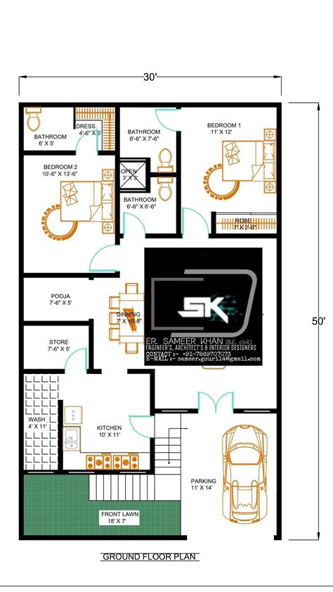 30' x 50' house plan | 2bhk house plan, Simple house plans, 30x50 house plans