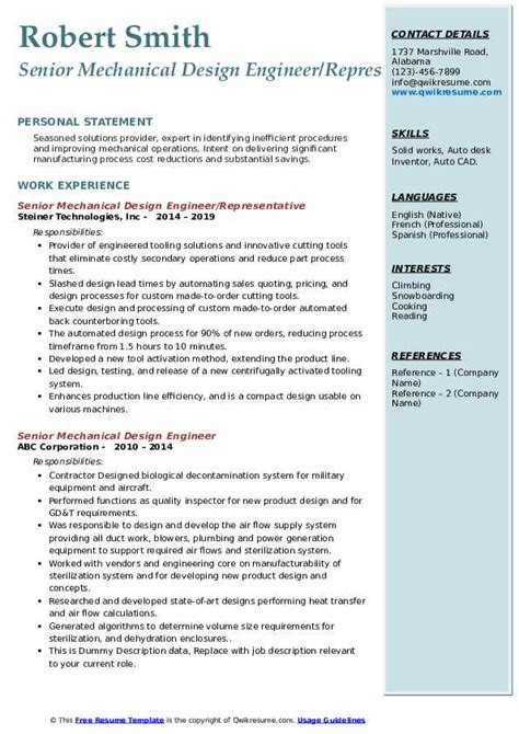 Senior Mechanical Design Engineer Resume Samples | QwikResume