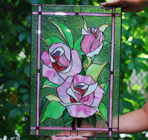 Stained Glass Pink Rose Stained Glass Panel Stained Glass - Etsy