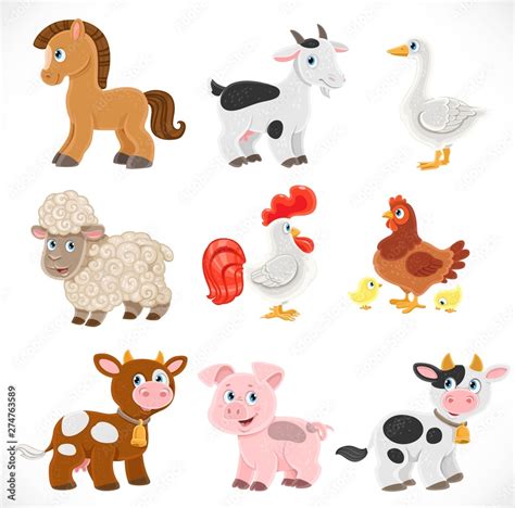 Cute cartoon farm animals set isolated on a white background. Cows, hen ...