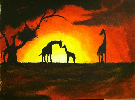 Giraffe silhouette in African sunset. --an original | African art projects, Silhouette art ...