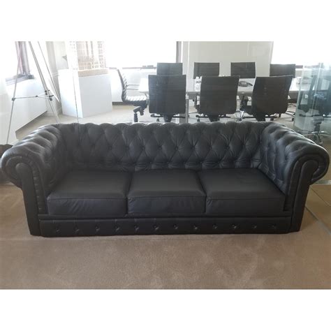 Black Faux Leather Tufted 3-Seater Sofa - AptDeco