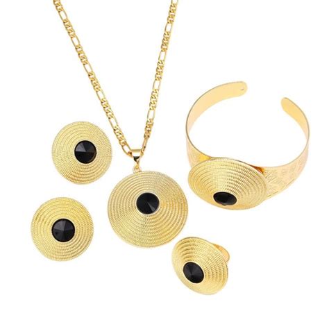 African Gold Jewelry Round Stone Pendant Earrings Bangle 24K Gold Plated Classical Set - Black ...