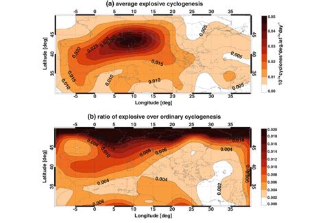 Spatial distribution of a average explosive cyclogenesis and b ratio of... | Download Scientific ...