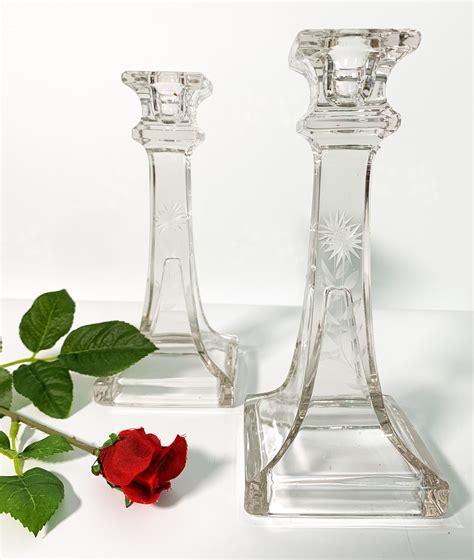 2 Vintage Etched Clear Glass Candlestick Holders - Pair Retro Candle Holders Flower Design Home ...