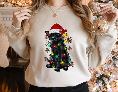 Black Cat Christmas Lights Sweatshirt, Christmas Shirt, Black Cat ...