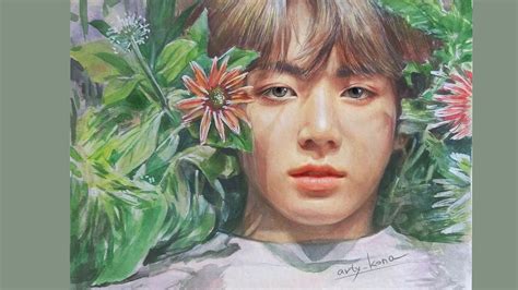 Watercolor portrait painting: BTS Jungkook in the garden | Kpop Fanart - YouTube