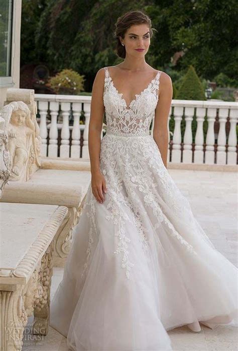 Bridal V Neckline Lace Embroidered Bodice Beautiful A Line Wedding Dress #2580883 - Weddbook