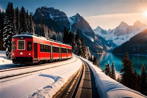 Premium Photo | A red train is traveling down a snowy mountain road.