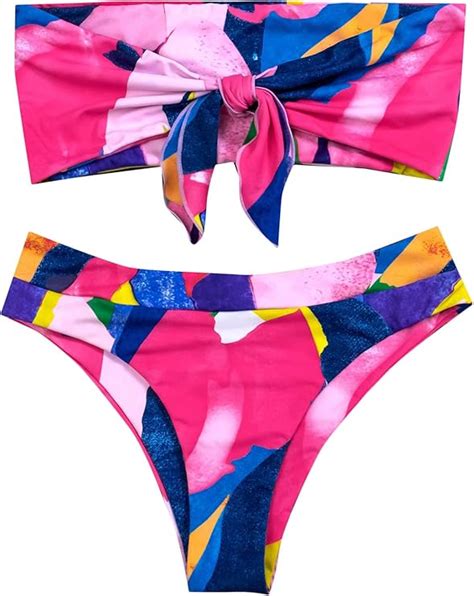 SheIn Women's Graphic Swimsuit Bikini Set Knot High Waist Bathing Suit ...