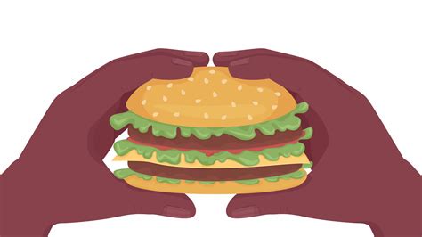 Animated holding cheeseburger. Squeezing juicy burger. Flat first view hands on white background ...