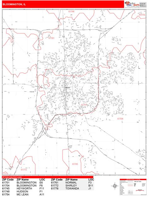 Bloomington Illinois Zip Code Wall Map (Red Line Style) by MarketMAPS - MapSales