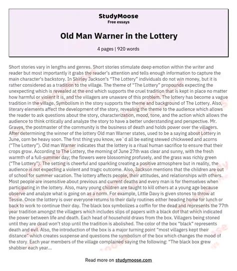 Old Man Warner in the Lottery Free Essay Example