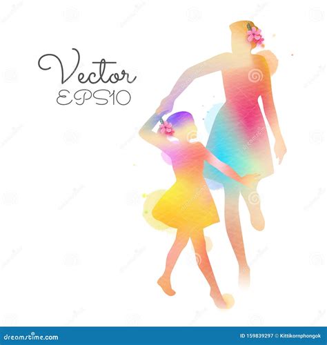 Happy Mom and Girl Dancing Silhouette on Watercolor Background. Mother ...