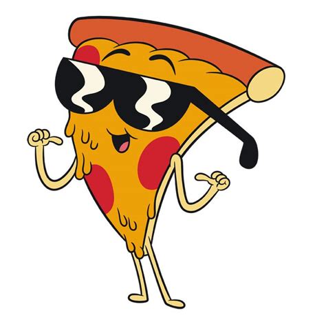 a slice of pizza with sunglasses on it's face and arms is holding his fist up