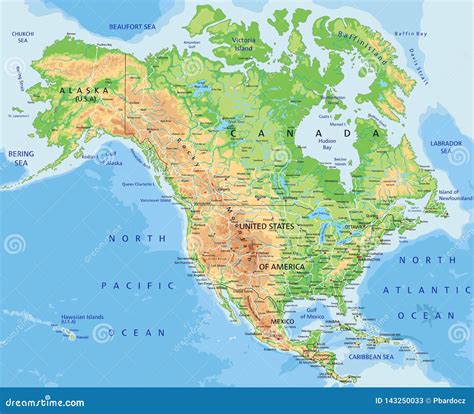 High Detailed North America Physical Map with Labeling. Stock Vector - Illustration of canada ...