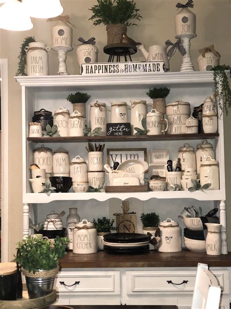 Black and white Rae Dunn farmhouse Hutch Display, Seasonal Displays, Rustic Farmhouse, Farmhouse ...