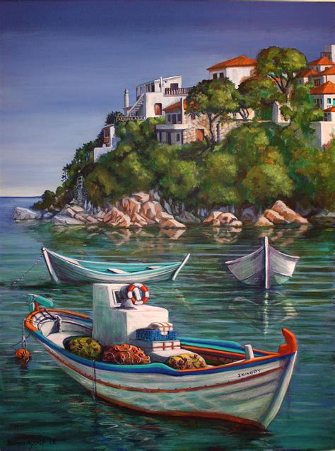 Fishing Boats in Skiathos Old Port Painting by Yvonne Ayoub - Fine Art ...